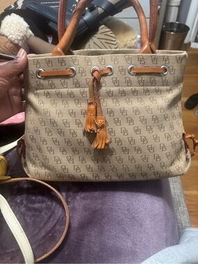 Dooney & Bourke Beige Monogram Drawstring Tote with Tan Trim